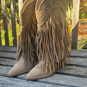 Forever Beige Faux New Suede/Leather Layered Fringe Boots, Size 9